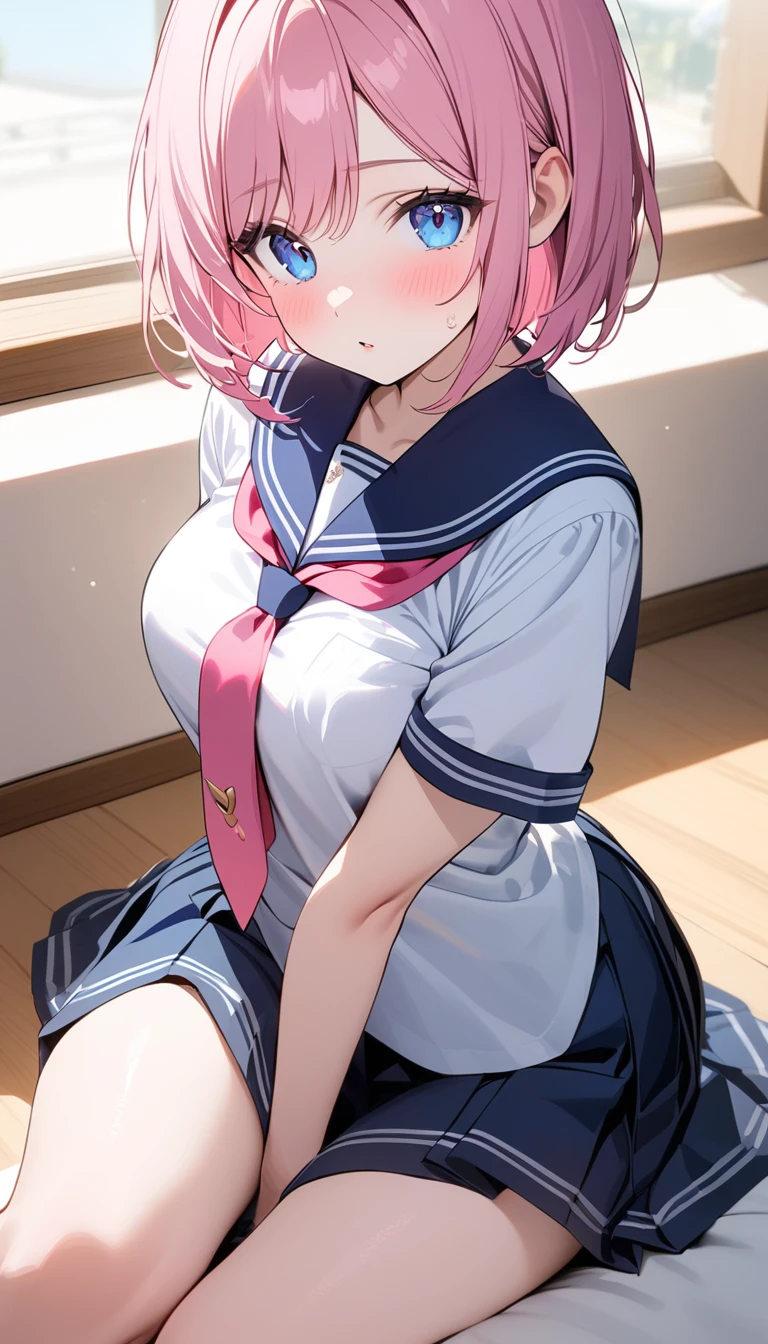 (1 girl),(Best Picture Quality, 8K, Masterpiece:1.3), (high school student:1.5), (pink lob hair:1.1), [skyblue hair:0.1], (bob cut),(swept bangs), (cute eyes, pupil black, iris skyblue, youthful face), (mole under right eye), (standard weight), (medium breasts), (glistening skin:1.1),(pale skin:1.2), ((serafuku, white sailor short sleeve simple shirt, darkblue skirt, darkblue sailor collar, pink tie)).