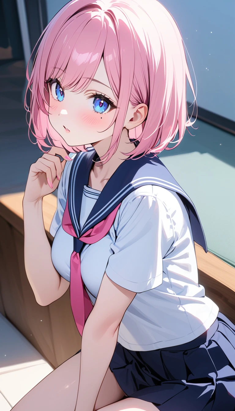 (1 girl),(Best Picture Quality, 8K, Masterpiece:1.3), (high school student:1.5), (pink lob hair:1.1), [skyblue hair:0.1], (bob cut),(swept bangs), (cute eyes, pupil black, iris skyblue, youthful face), (mole under right eye), (standard weight), (medium breasts), (glistening skin:1.1),(pale skin:1.2), ((serafuku, white sailor short sleeve simple shirt, darkblue skirt, darkblue sailor collar, pink tie)).