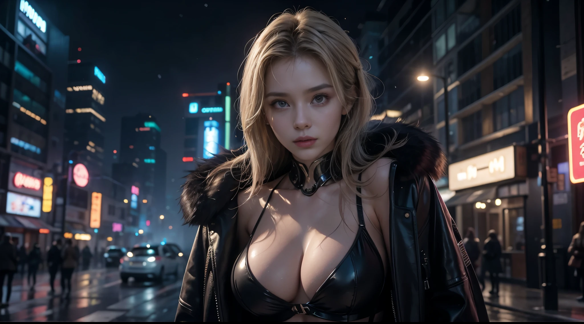 masterpiece,quality,Best quality at best,Official Art,(Beauty and aesthetics:1.2),(masterpiece:1.3),The city of the future,Cyberpunk Characters,A girl,Fur coat,No underwear,Sexy body,Looking at the camera,(Close-up cleavage:1.8),Volumetric Fog,snow,snow,drama,Christmas Eve