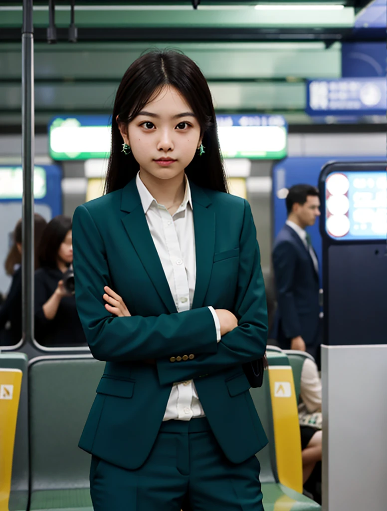 (One girl), alone, Latin Girls, length_hair, wear(Green Formal_suit, jewelry), photograph(Mid-range shot), Portraiture, Sitting pose, throw, Blurred_background, background(futuristic metro_station), (photographrealistic, Absurd, Highest_quality:1.55),