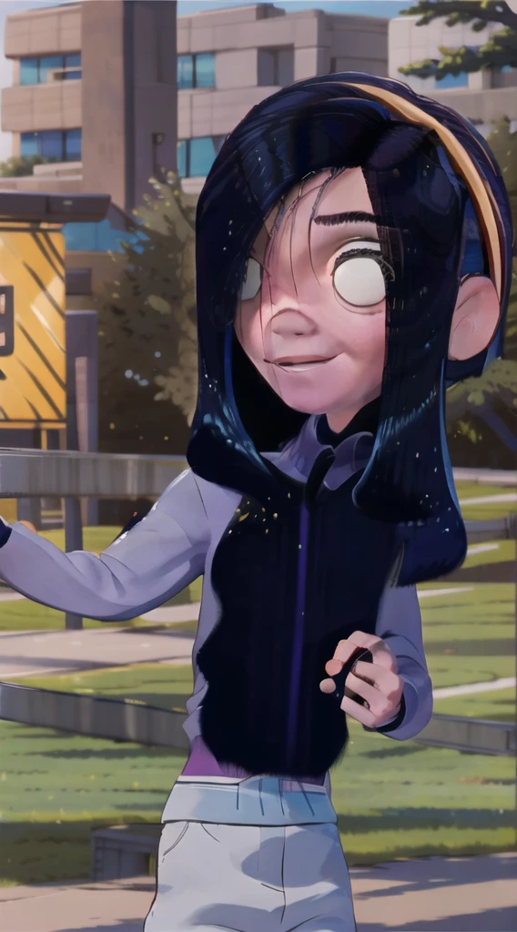masterpiece,best quality,1girl,violetparr,long hair,black hair,hair over one eye,hairband,upper body,solo,smile,looking at viewer,city,blurry background,