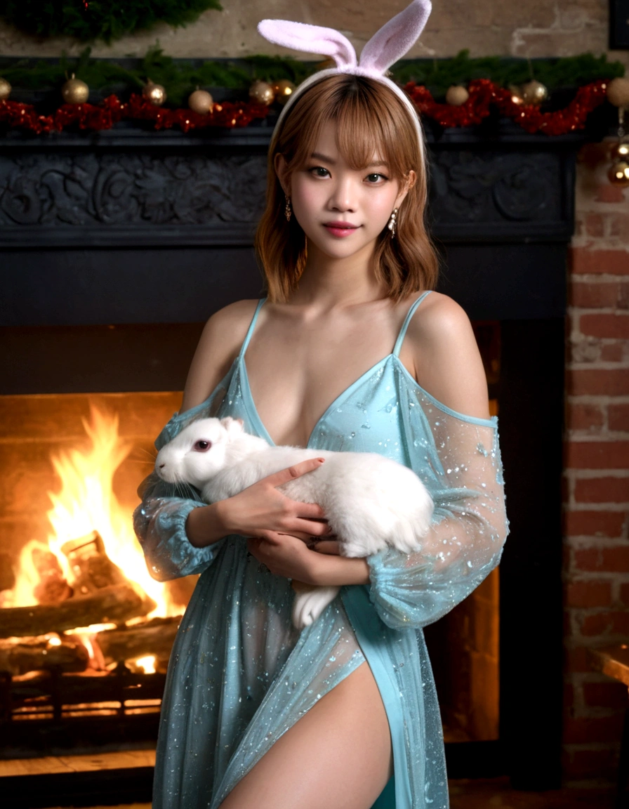 a beautiful young woman ((KPop Lisa) Lalisa Manobal, age 25), wearing an airy sheer Christmas night gown (shoulders exposed, deeply plunging neckline) , nude except for night gown, her intimate areas partially exposed and very detailed, playing with a baby bunny by an old-fashioned fireplace with a roaring fire, Christmas scene (best quality, 4k, 8k, highres, masterpiece:1.2), ultra-detailed, (realistic, photorealistic, photo-realistic:1.37), HDR, UHD, studio lighting, ultra-fine painting, sharp focus, physically-based rendering, extreme detail description, professional, vivid colors, bokeh, portrait, figurative, intimate, sensual, cozy, Christmas, warm lighting, chiaroscuro (show her entire body, show all of her)
