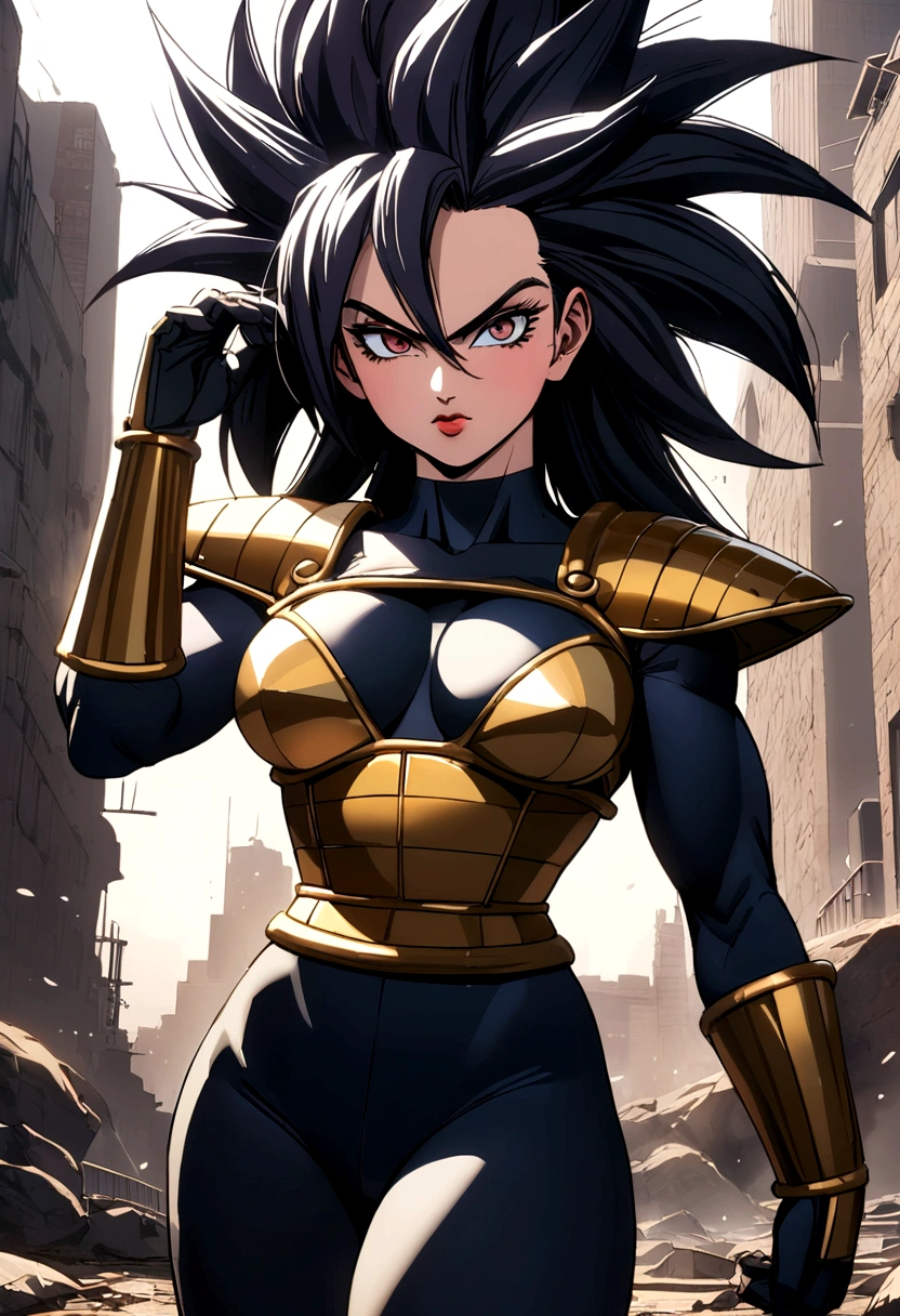 Make me a female Saiyan, long dark hair, Now make it using Vegeta&#39;s armor, larger, defined breasts and thighs