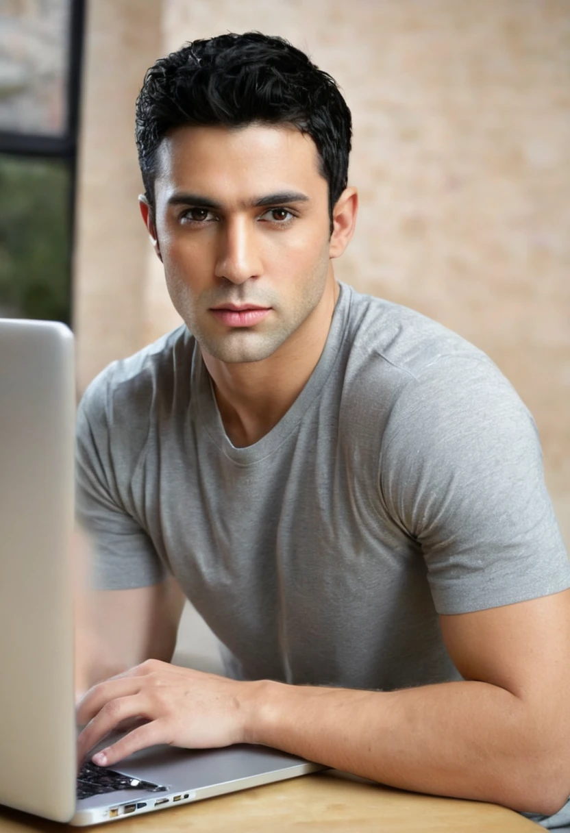 ((best quality)), ((masterpiece)), (detailed), realistic, hot male, computer geek, on apple laptop, male, sexy face, no facial hair, black hair, seductive eyes, 