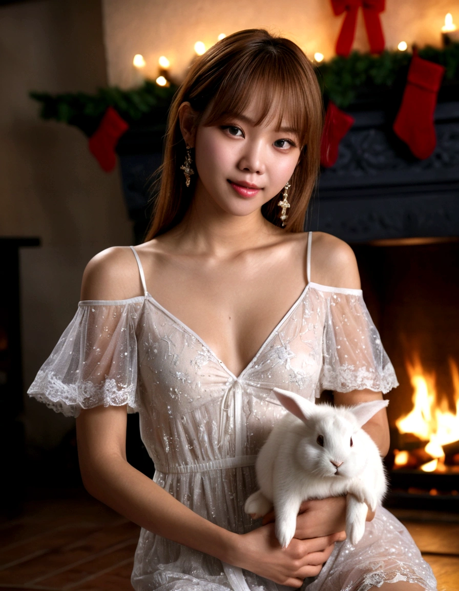 a beautiful young woman ((KPop Lisa) Lalisa Manobal, age 25), wearing an airy sheer Christmas night gown (shoulders exposed, deeply plunging neckline) , nude except for night gown, her intimate areas partially exposed and very detailed, playing with a baby bunny by an old-fashioned fireplace with a roaring fire, Christmas scene (best quality, 4k, 8k, highres, masterpiece:1.2), ultra-detailed, (realistic, photorealistic, photo-realistic:1.37), HDR, UHD, studio lighting, ultra-fine painting, sharp focus, physically-based rendering, extreme detail description, professional, vivid colors, bokeh, portrait, figurative, intimate, sensual, cozy, Christmas, warm lighting, chiaroscuro (show her entire body, show all of her)
