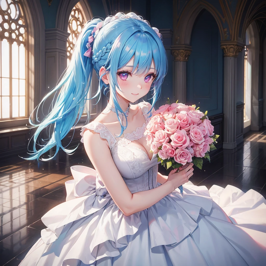 Sky blue hair, (Braided Ponytail),(Pink Eyes),Fair skin ,(whole body),(One girl),bride,A big smile,Straight bangs, 6月のbride,Wedding dress,(masterpiece, Highest quality, Very detailed, Best Shadow), (Detailed Background), (Beautifully detailed face), High Contrast, (Best lighting, Very delicate and beautiful), ((Cinematic Light)), colorful, Hyper Detail, Dramatic Light, Intricate details,Chapel background,A bouquet of roses in the right hand,Ring on left ring finger,