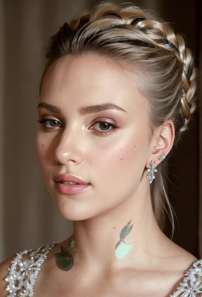 (masterpiece, best quality), intricate details, realistic, photorealistic, a close up of a woman wearing earrings, inspired by, draped in crystals, silver color, long earrings, sandra chevier, huge earrings, platinum jewellery, earring, flawless structure, silver earring,  