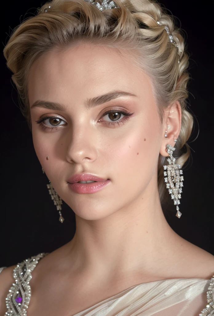 (masterpiece, best quality), intricate details, realistic, photorealistic, a close up of a woman wearing earrings, inspired by, draped in crystals, silver color, long earrings, sandra chevier, huge earrings, platinum jewellery, earring, flawless structure, silver earring,