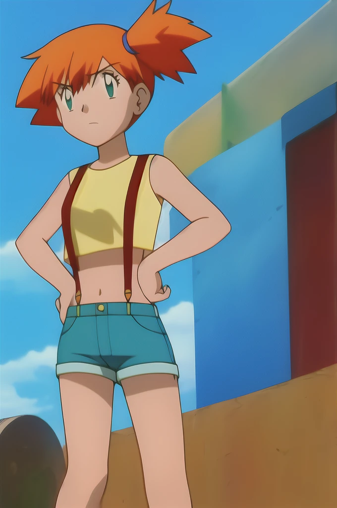 misty, 1girl, solo, long_hair, breasts, short_hair, bangs, navel, bare_shoulders, closed_mouth, green_eyes, standing, collarbone, cowboy_shot, small_breasts, sky, shorts, sleeveless, day, midriff, cloud, orange_hair, side_ponytail, blue_sky, crop_top, v-shaped_eyebrows, looking_to_the_side, bare_arms, short_shorts, eyelashes, sleeveless_shirt, frown, outdoor, looking_away, suspenders, tank_top, denim, blue_shorts, denim_shorts, hands_on_hips, yellow_shirt, hair_tie, looking_afar, suspender_shorts