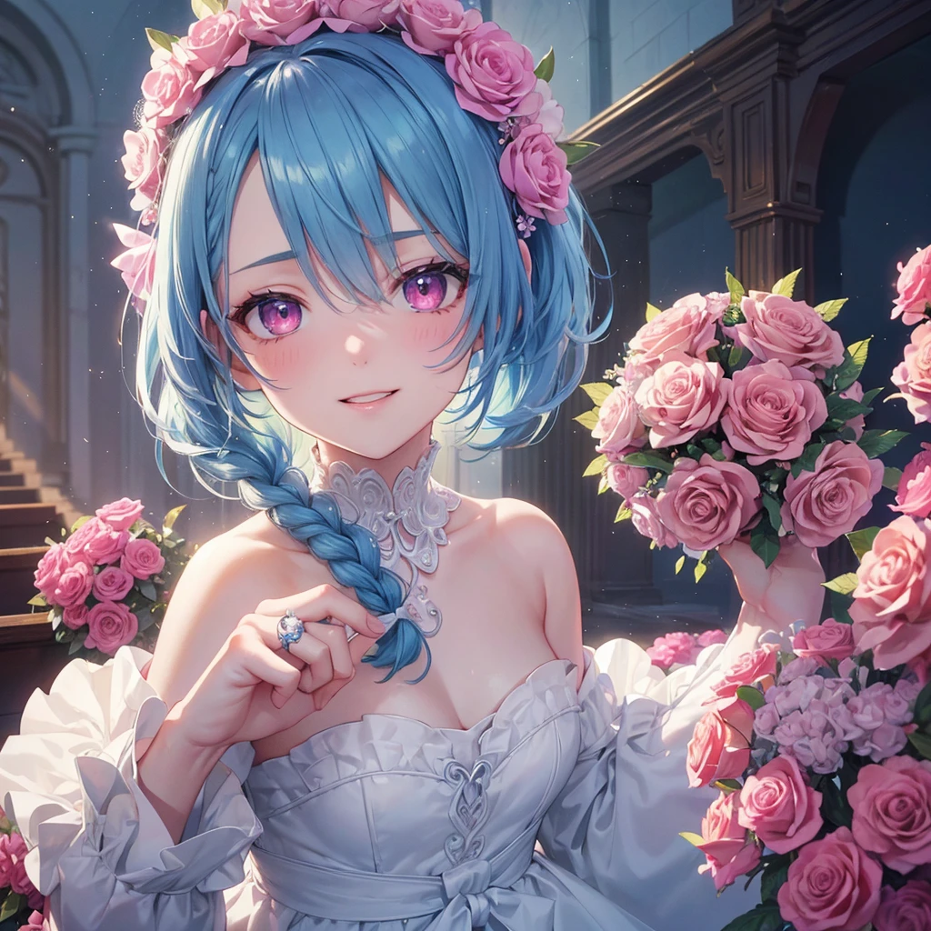 Sky blue hair, (Braided Ponytail),(Pink Eyes),Fair skin ,(whole body),(One girl),bride,A big smile,Straight bangs, 6月のbride,Wedding dress,(masterpiece, Highest quality, Very detailed, Best Shadow), (Detailed Background), (Beautifully detailed face), High Contrast, (Best lighting, Very delicate and beautiful), ((Cinematic Light)), colorful, Hyper Detail, Dramatic Light, Intricate details,Chapel background,A bouquet of roses in the right hand,Ring on left ring finger,