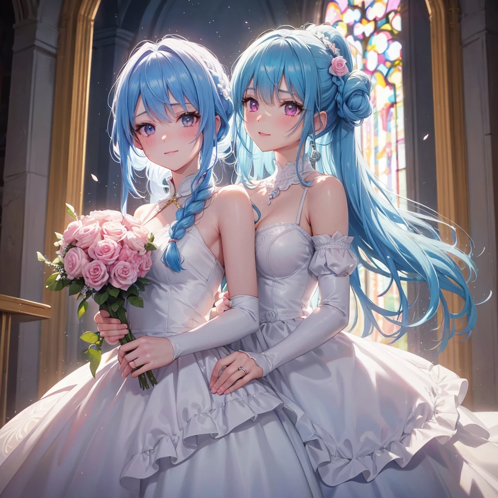 Sky blue hair, (Braided Ponytail),(Pink Eyes),Fair skin ,(whole body),(One girl),bride,A big smile,Straight bangs, 6月のbride,Wedding dress,(masterpiece, Highest quality, Very detailed, Best Shadow), (Detailed Background), (Beautifully detailed face), High Contrast, (Best lighting, Very delicate and beautiful), ((Cinematic Light)), colorful, Hyper Detail, Dramatic Light, Intricate details,Chapel background,A bouquet of roses in the right hand,Ring on left ring finger,