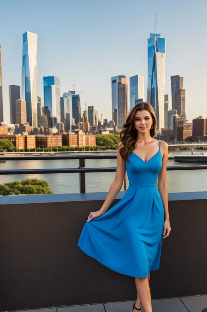 ```
"A stunning American model with brown hair and blue eyes, wearing a realistic, elegant dress. She stands in a vibrant urban setting, with the city's skyline in the background. The model exudes confidence and beauty, her dress flowing gracefully as she poses for the camera. The lighting captures her striking features, making her look even more radiant and captivating."
```