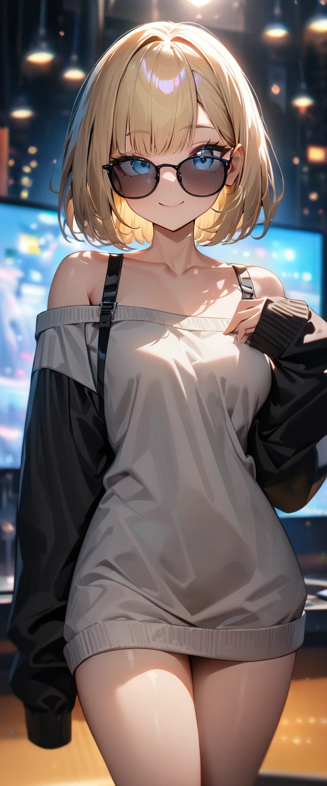 (((One girl))), blond hair, (sunglasses), hand to sunglasses, ((bob cut:1.3)), breasts, (cowboy shot), standard body, (looking at viewer), oversized clothes, ((off-shoulder knit sweater dress:1.3, Quite thick shoulder straps)), (((sleeves past wrists:1.3))), ((black sweater)), teenager, head tilt:1.3, (((blue eye))), ((happy smile)), (((anime style))), (best quality, 4k, 8k, highres, masterpiece:1.2, ultra-detailed, ultra-detailed eyes, HDR, UHD, studio lighting, ultra-fine painting, sharp focus, physically-based rendering, extreme detail description, professional, vivid colors, bokeh), ((Highest quality, Best image quality, Ultra-high resolution, Ultra-high resolution, solo, Strong eye highlights)), Depth of written boundary, Natural soft light, attractive, Beautiful Face, Cleanliness, Pure Face, nedium chest, Beautiful Face, Perfect Fingers, Perfect hands, Perfect body, Perfect Face, Shine a light into your eyes, Perfect Anatomy