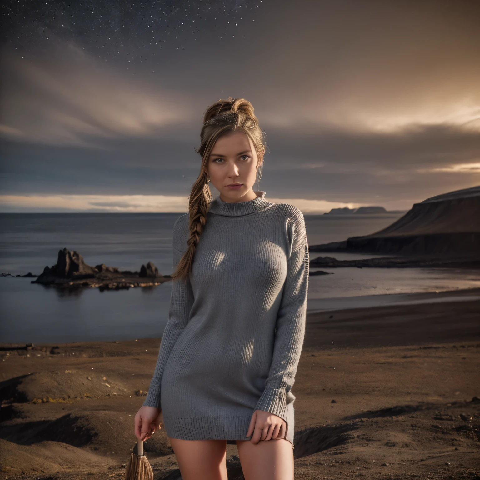 December - Vestmannaeyjar Islands, Iceland
A woman named LaGermania poses for a chic calendar photoshoot on a remote island in the Vestmannaeyjar Islands, Iceland during December. She stands amidst volcanic craters and black sand beaches, with puffins and Northern Lights dancing in the Arctic sky. LaGermania wears a traditional Icelandic sweater dress in hues of midnight blue and volcanic ash gray, its Icelandic wool and geometric patterns reflecting the cultural heritage of Iceland's Viking settlers. The sweater dress's knit design and cozy textures create a silhouette that blends Nordic warmth with modern elegance against the backdrop of Arctic wilderness. Her hair, styled in a loose ponytail adorned with Icelandic woolen yarn, adds a touch of Scandinavian charm to her ensemble. LaGermania's pose is contemplative yet resilient, one hand lightly holding a hand-carved driftwood staff while the other adjusts a knitted shawl, its intricate patterns inspired by Icelandic folklore. The scene captures the ethereal beauty of the Vestmannaeyjar Islands' remote landscapes and the cultural legacy of Northern Europe, where each detail—from the Icelandic sweater dress to LaGermania's serene expression—invites viewers to embrace the magic of Iceland's island realms.