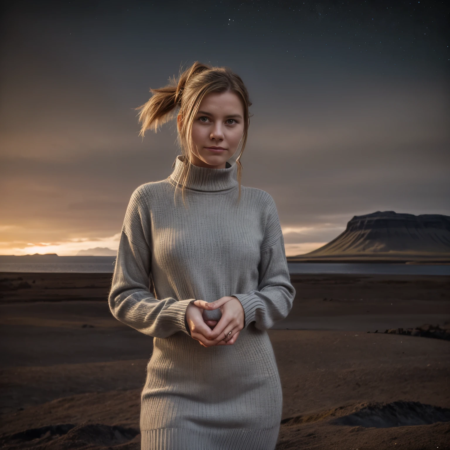 December - Vestmannaeyjar Islands, Iceland
A woman named LaGermania poses for a chic calendar photoshoot on a remote island in the Vestmannaeyjar Islands, Iceland during December. She stands amidst volcanic craters and black sand beaches, with puffins and Northern Lights dancing in the Arctic sky. LaGermania wears a traditional Icelandic sweater dress in hues of midnight blue and volcanic ash gray, its Icelandic wool and geometric patterns reflecting the cultural heritage of Iceland's Viking settlers. The sweater dress's knit design and cozy textures create a silhouette that blends Nordic warmth with modern elegance against the backdrop of Arctic wilderness. Her hair, styled in a loose ponytail adorned with Icelandic woolen yarn, adds a touch of Scandinavian charm to her ensemble. LaGermania's pose is contemplative yet resilient, one hand lightly holding a hand-carved driftwood staff while the other adjusts a knitted shawl, its intricate patterns inspired by Icelandic folklore. The scene captures the ethereal beauty of the Vestmannaeyjar Islands' remote landscapes and the cultural legacy of Northern Europe, where each detail—from the Icelandic sweater dress to LaGermania's serene expression—invites viewers to embrace the magic of Iceland's island realms.