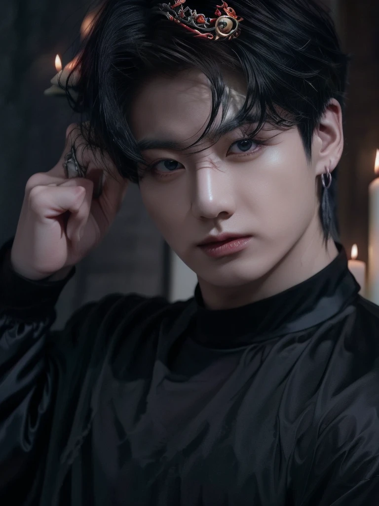Jungkook bts actor and kpop idol more realism in hair and clothing hair orange, Generate an image of a Korean Kpop idol with bright orange hair, dressed in a black shirt and a tunic of the same color, surrounded by dark witches and warlocks in a coven. The background must be dark and gloomy, lleno de velas y witchcraft symbols.Create a visual representation of a Korean Kpop actor, with a spinal crown on his head, dressed in a black tunic and black shirt in a coven setting. Around it, dark witches casting curses, with a shadowy forest full of candles as a backdrop.Produces an image where a Korean Kpop idol, recognizable by his bright orange hair, is immersed in an environment of witchcraft and curse. He is dressed in a black tunic and a dark shirt, surrounded by wizards and witches in a dark forest full of magical symbols.Korean kpop idol actor who is dressed in a black shirt, black tunic, with a crown of thorns on his head, he is in a witches coven, all dark witches, curse and witchcraft, the background that is dark dark, a black background in a forest full of candles and spells, witchcraft symbols, bright orange hair amidst candles at a coven. homme coréen musclé maléfique manly muscle man, Young muscular evil Asian, 30 years old, manly, serious, serious face, rough features. Let your muscles be shown, half your body exposed with snake tattoos.asian with strong muscles showing, rough masculine face, masculine manly manly features. Australian Canadian with a rough muscular face who shows off his muscles