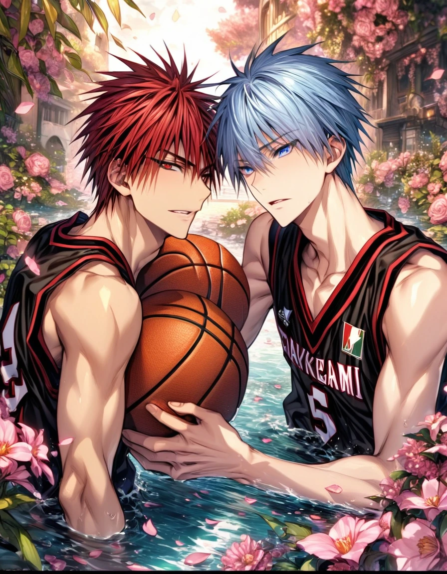 absurdres, highres, ultra detailed, HDR, masterpiece, extremely detailed face and eyes, Kagami Taiga, red short hair, expressive red eyes, Kuroko No Basket, Kuroko Tetsuya, light-blue hair, expressive blue eyes, two sexy men together, gay couple, yaoi, handsome, basketball uniform, fantasy, magical, pink flowers, water, pink petals