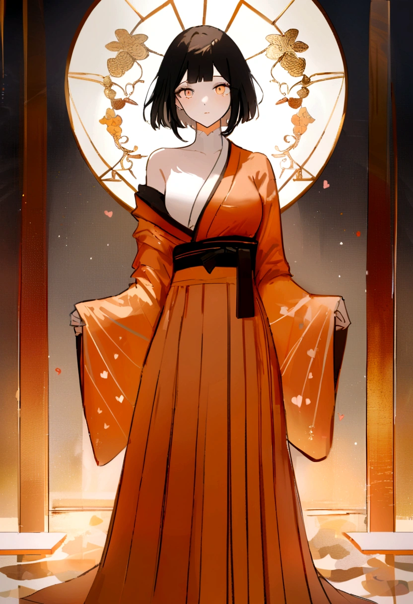 work of art, best qualityer, high resolution, absurderes, hyuuga hanabi , 1 girl, standing alone, orange kimono, hakama skirt, heart, gazing at viewer,medium breasts off the shoulder,