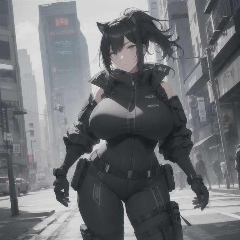 Absurd resolution, high resolution, (masterpiece: 1.4), hyper-detail, full body shot, full frontal camera perspective, solo, 1 kemono feline cat woman, humanoid, no skin other than neck and head shown, black hair, messy ponytail, cute face, detailed soft grey luminous eyes, huge massive hyper super swollen heavy breasts, breasts so big that cover her whole torso and are bigger than her head while being so big they reach her belly button, extremely super large swollen perky heavy bust, super huge enormously gigantic tits, gigantic stretching/straining out of her top, inflated breasts, breasts_expansion, super gigantic swollen heavy tits, wide full hips, narrower torso and shoulders, smaller torso, narrower waist, full thicc big soft thighs, thicc thighs, big rounded full soft butt, thicc butt, ruggedized utility styled outfit, fully insulated suit, full body outfit coverage with no skin showing or revealed, airtight/watertight zippers and seals, scifi monochrome black and grey fullbody covering protective padding rugged loose-fitted pilot utility suit with strategically placed protective padding, white zipped utility cropped top for breasts support with a black strap horizontal across cleavage worn on top of suit, tactical strategic angular-patterned protective padding on hips and thighs and abdomen, practical/functional clothing, weather-proof durable clothing material, nylon clothing material, custom made clothing to fit and support large breasts, scifi padded rugged rigid high collar techwear jacket, armored high collar, white and black triangular decals and techwear iconography on apparel and clothing, techwear gloves, arm mounted strapped display scifi tablet/communication device/computer, ruggedized tech, ruggedized tech aesthetic, fitted utility pants, utility chaps, near future scifi, cyberpunk aesthetic, anime aesthetic, tactical aesthetic