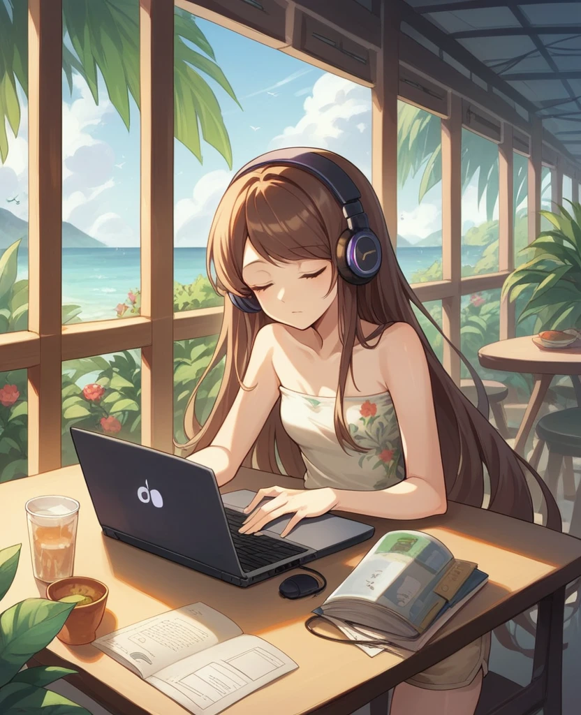 Masterpiece, highest quality, sleeping on a table in a cafe. Anime-style illustration of a young woman in her twenties, dressed in a strapless teal floral tank top, beige shorts, Outside the window is a tropical city at dusk. Very long brown hair, swept bangs, laptop, wearing headphones, small breasts, thin