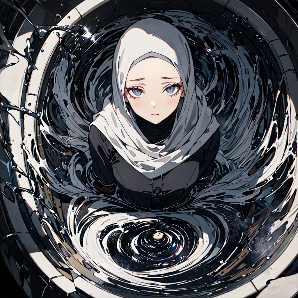 Surrealist painting,16 kg,Maximum detail,Soft texture,Deep shadows,dark,Sharp lines,((a Beautiful, A young woman feels the passage of time)),sad colors. Beautiful. Tafah. Mysterious random Kazakhstan. sad. turn. (to merge:1.2). Cracked. (whirlpool:1.2). (Shiny eyes:1.2). abstract background. (Full body), Hijab and long dress