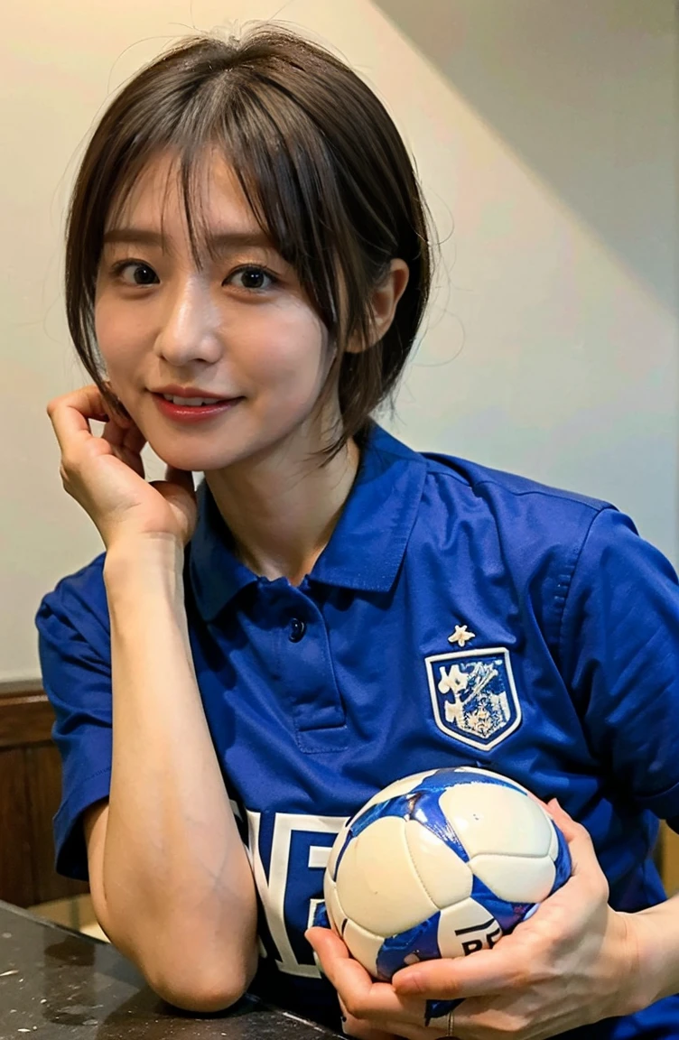 Outdoor、A soccer ball is the size of a face、A magnificent soccer field、Holding a soccer ball in your hand、Photo at the soccer field、Blue Football Uniform、Japan National Football Team、Big breasts that can be seen even on top of the uniform、Braid only the front hair（（National Stadium））、Full body photo、smile、 Caustics、Highly detailed photos、Very beautiful ideal short hair、Large Breasts、Super no makeup、(8K、RAW Photos、Highest quality、masterpiece:1.2)、(Realistic、Realistic)、1 Girl、((Medium Short Hair、Looking into the camera:1.4))、
