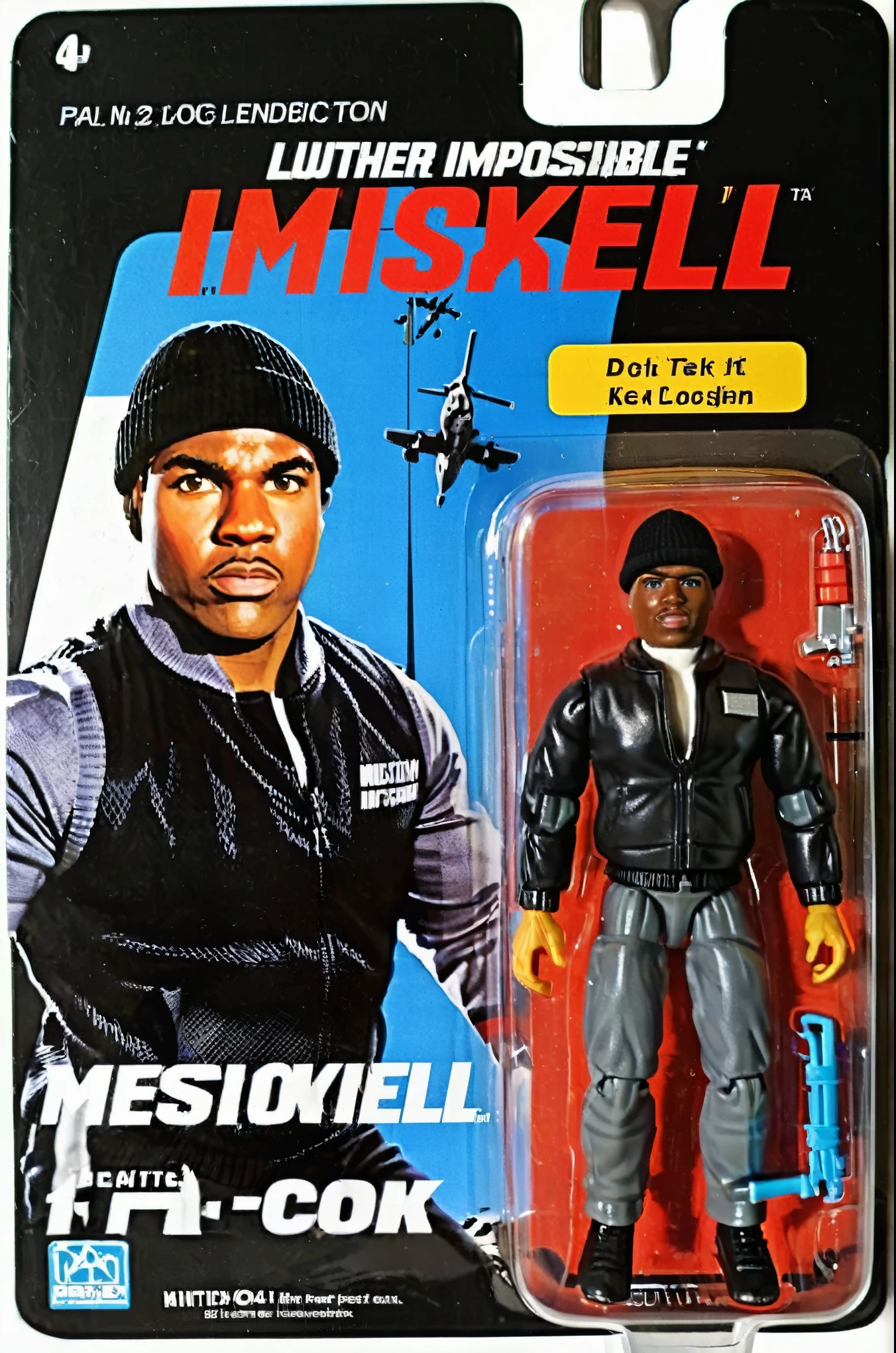 A toy of Luther Stickell fat black person guy from the MISSION IMPOSSIBLE movie, wearing kint cap, wearing black jacket and grey pants, (logo text 'MISSION IMPOSSIBLE : Luther Stickell':1.5), Mattel,
