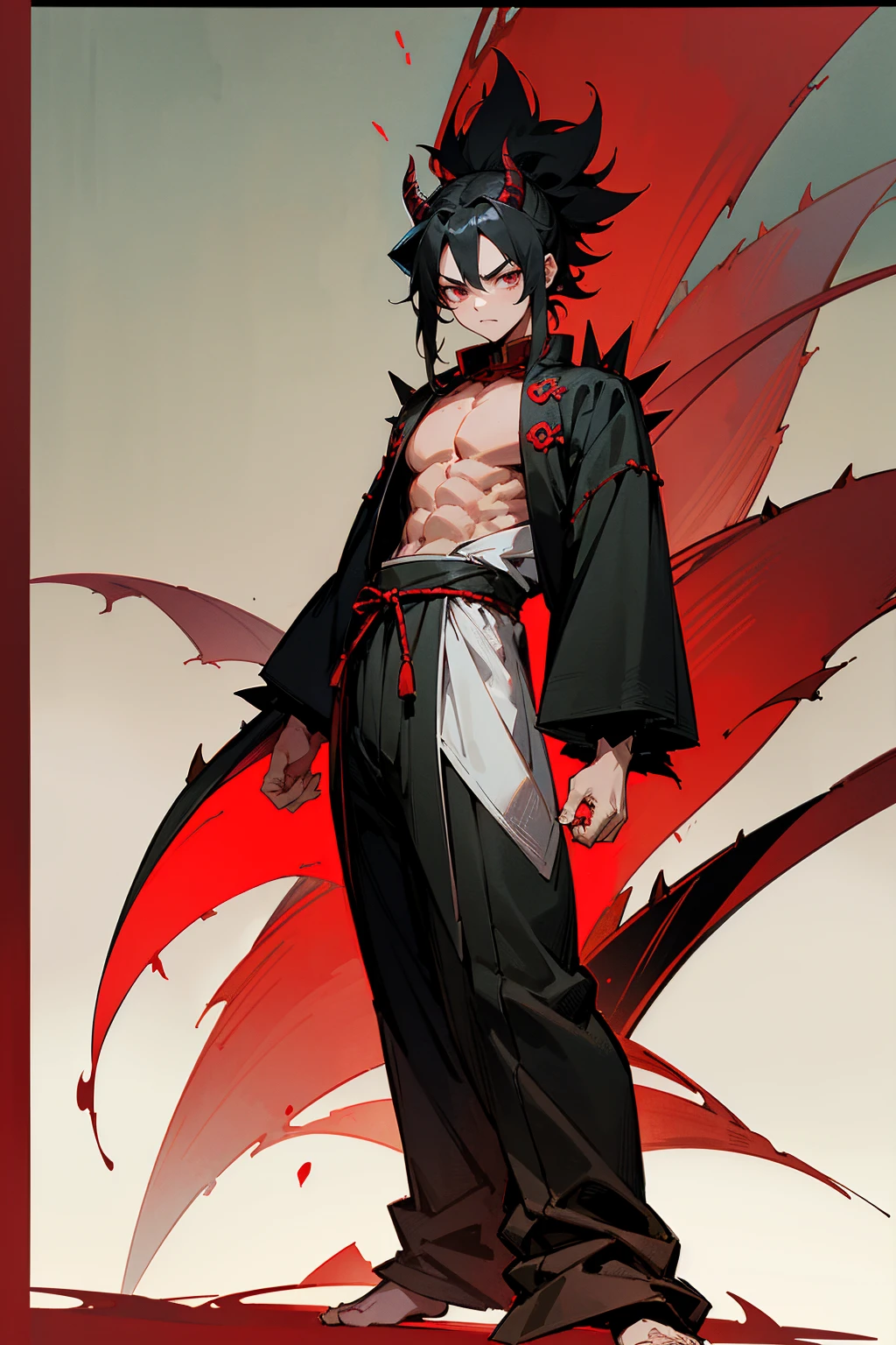 Masterpiece Quality, Perfect Generation, Sclera, Detailed Eyes, , Red And Black Long Spiky Hair, Muscular, Black And Red Haori, Bored Expression, , Full Body, Demon Slayer, Temple Background, Standing, Facing Viewer, Male, Standing Outside Temple In Forest