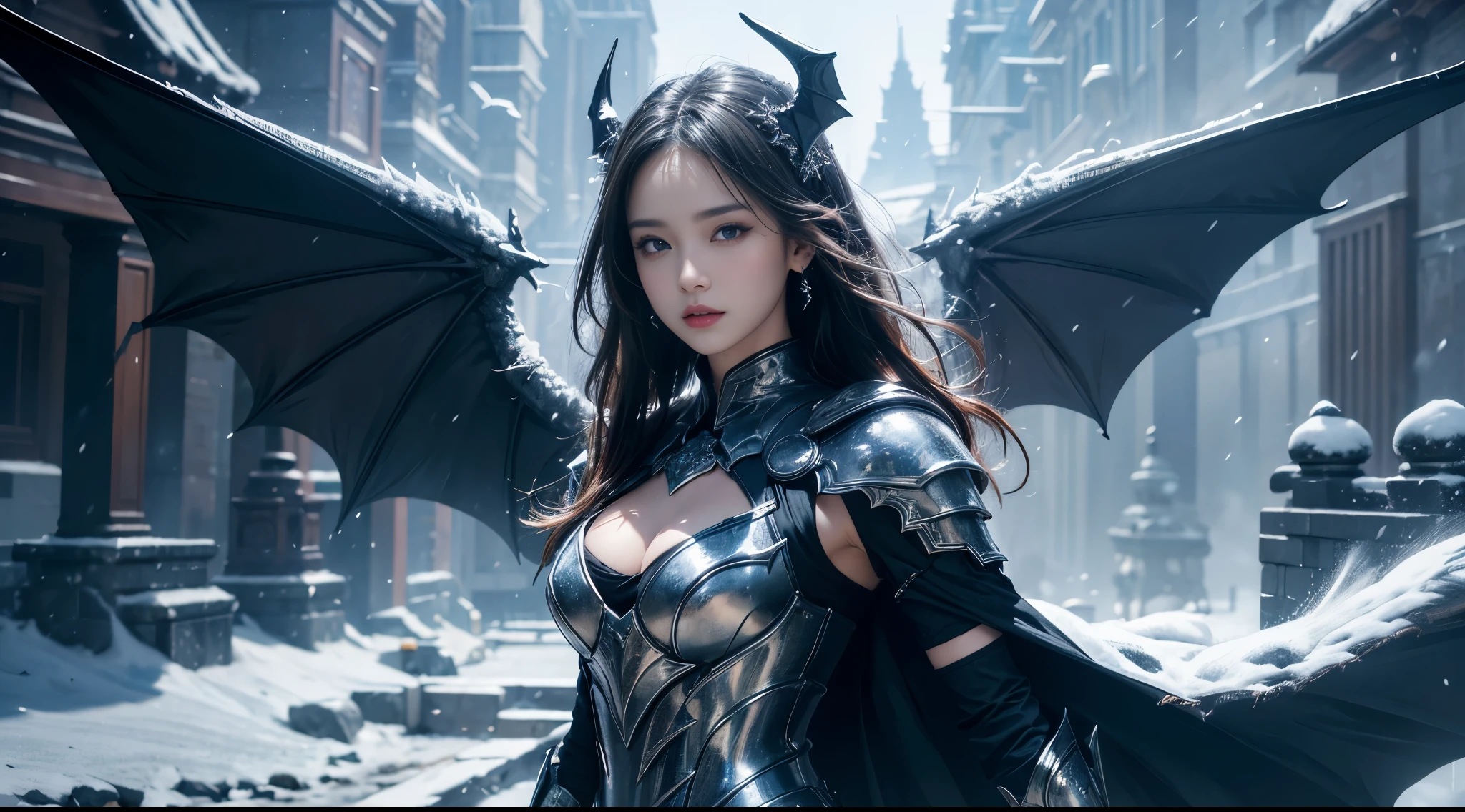 original photo, (best quality:1.3), high resolution, (masterpiece), (lifelike:1.4), Professional photography, Clear focus, High Dynamic Range, 8k resolution, Intricate details, Fine details, Depth of Field, Extremely detailed CG unified 8k wallpaper, masterpiece,poster,best quality,Official Art,(Beauty and aesthetics:1.2),(masterpiece:1.3),Miss,personal,Light Leather Armor,complex pattern,winter,Snow Mountain,Medium distance photography,(midnight),dramatic,Giant bat wings,