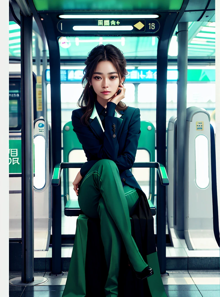 (One girl), alone, Latin Girls, length_hair, wear(Green Formal_suit, jewelry), photograph(Mid-range shot), Portraiture, Sitting pose, throw, Blurred_background, background(futuristic metro_station), (photographrealistic, Absurd, Highest_quality:1.55),