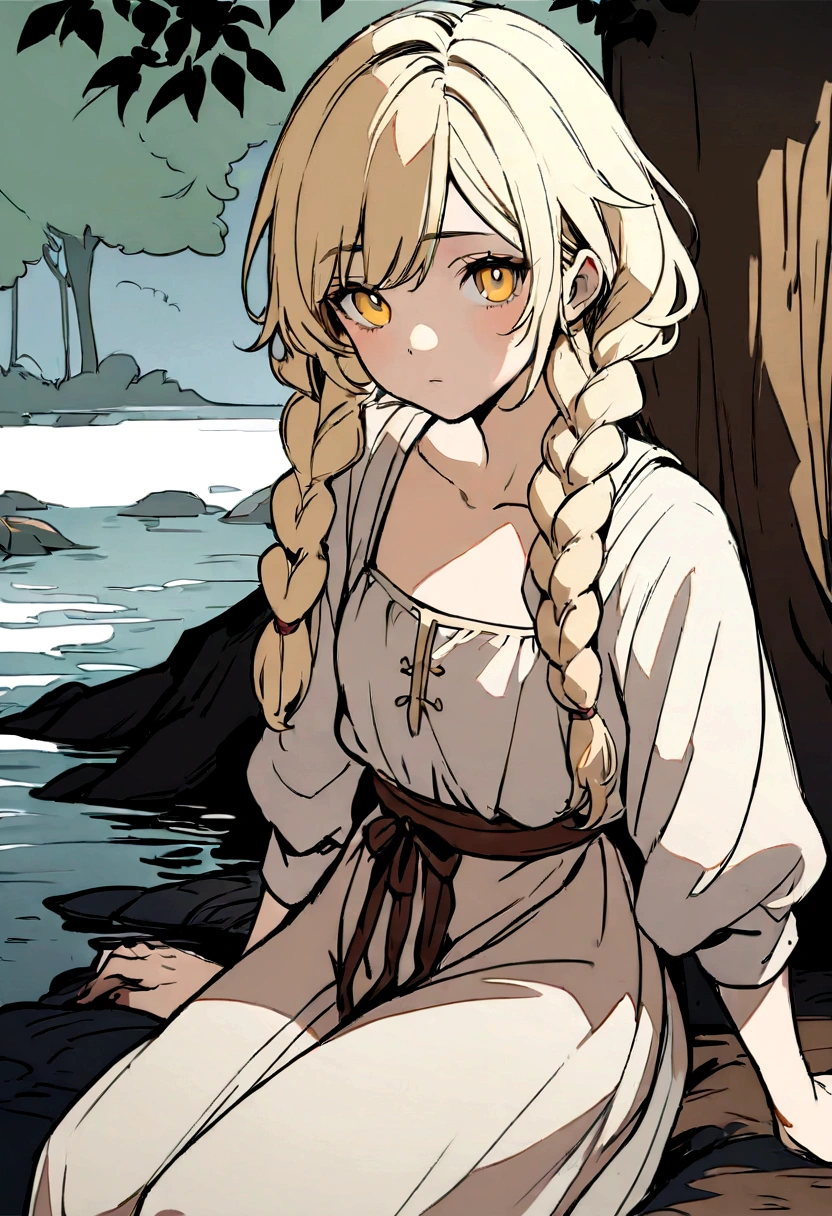 Masterpiece, High quality, High quality of art, anime lineart, Oil painting style, 1boy, Femboy, Light golden hair, braids, Yellow eyes, red eyeshadows, calm, half-asleep, near a large tree, feminine, in simple rustic clothes, Half-naked, morning, Pale, This boy is sitting under a tree near the river
