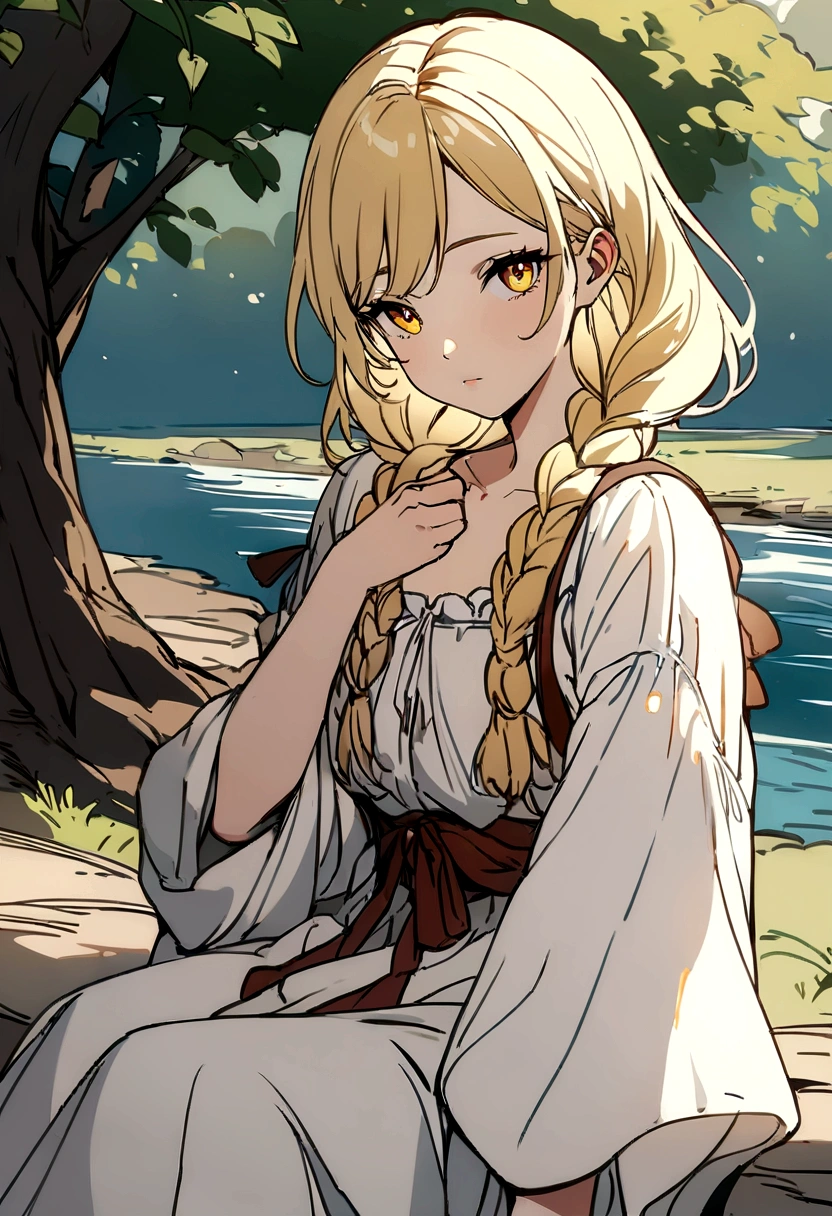 Masterpiece, High quality, High quality of art, anime lineart, Oil painting style, 1boy, Femboy, Light golden hair, braids, Yellow eyes, red eyeshadows, calm, half-asleep, near a large tree, feminine, in simple rustic clothes, Half-naked, morning, Pale, This boy is sitting under a tree near the river