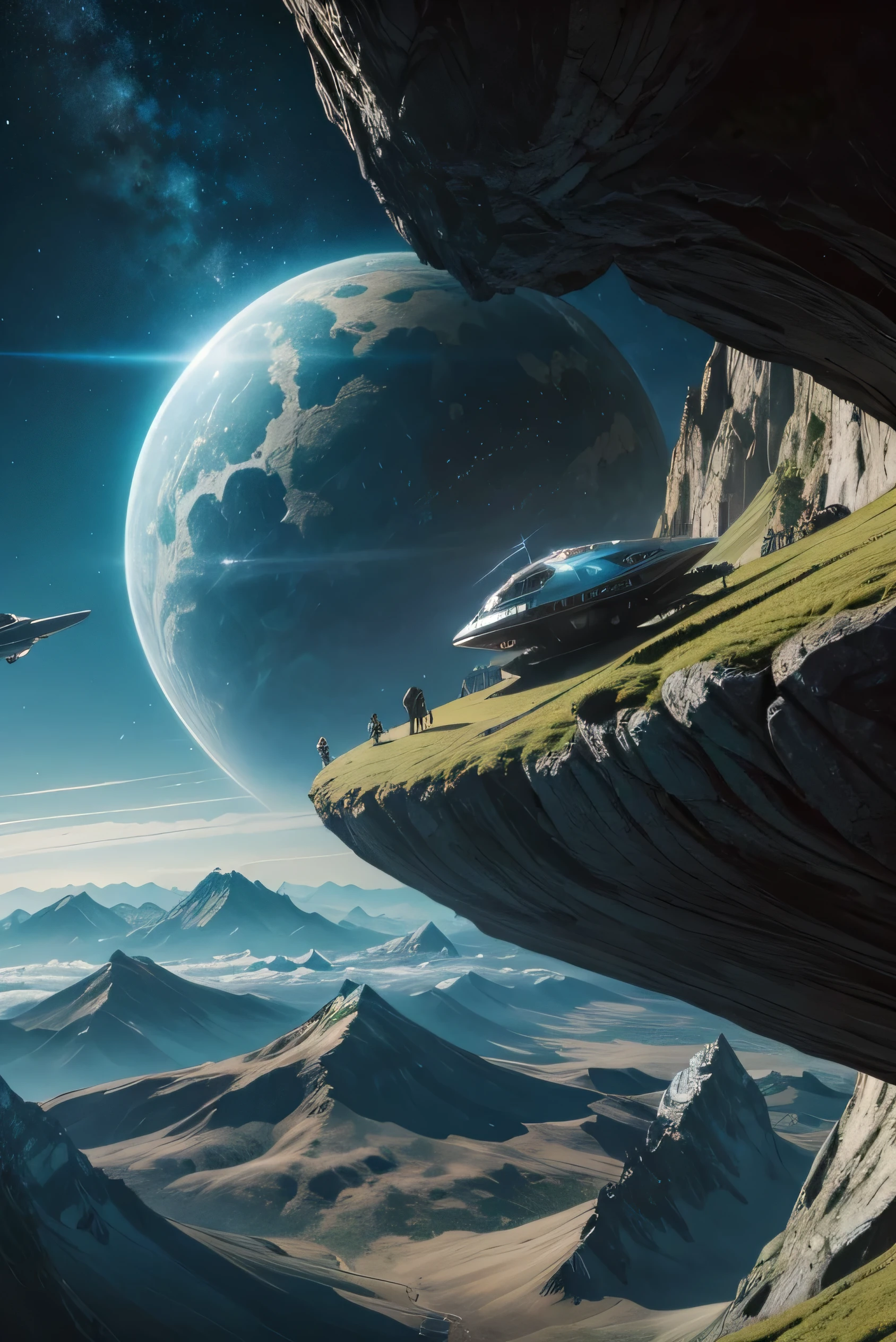spaceship flying over a mountain with sky background, verdant exoplanet, science fiction spaceship, science fiction fantasy art (another angle), (((showing the back of spaceship)))