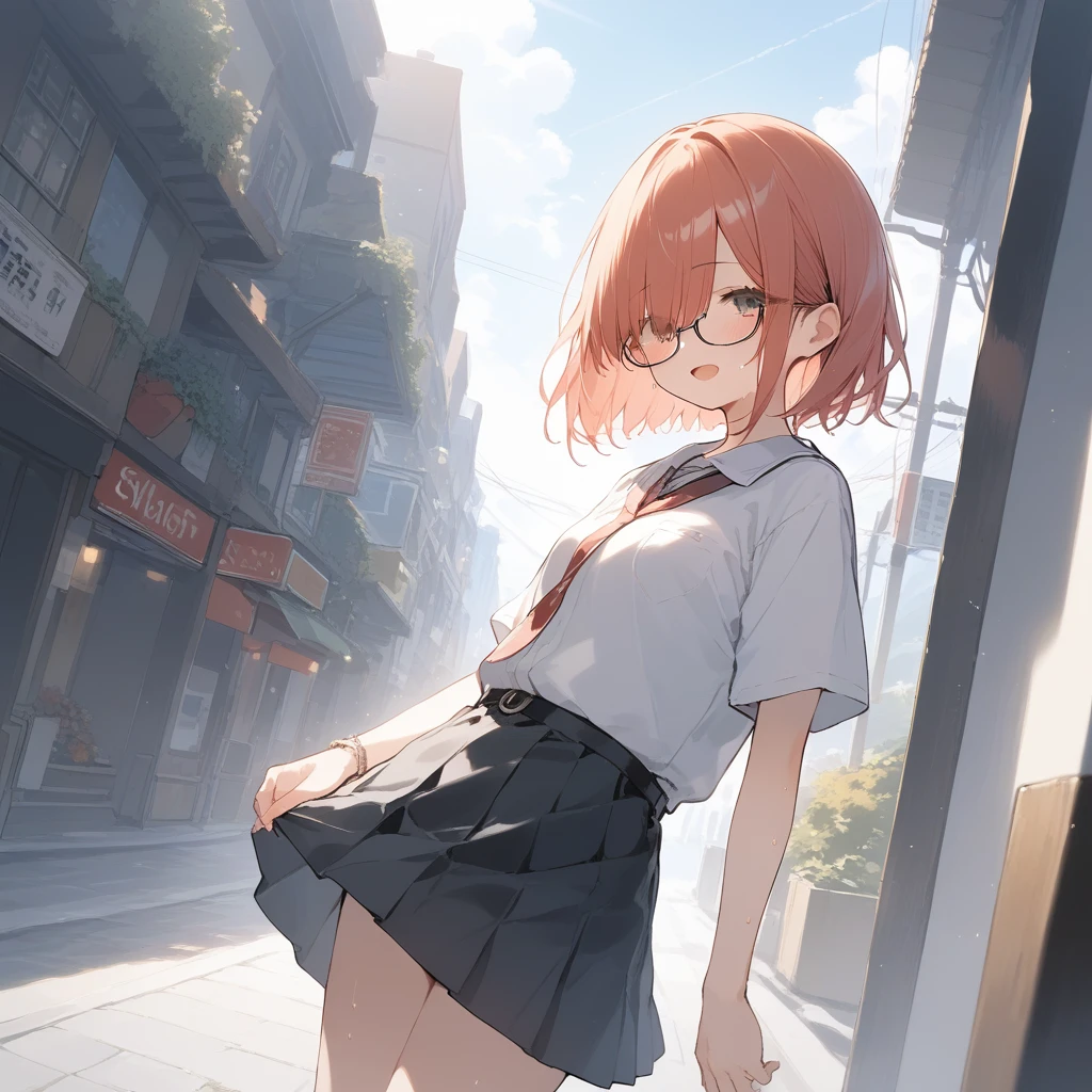 score_9, score_8_up, score_7_up, source_anime, best quality, masterpiece, official art, absurdres, highres, ultra-detailed,waifu2x,Collection: Slice of Life,break,1girl, very short hair,straight hair, long bangs, hair over eyes, glasses, small breasts, skirt, sweat, open mouth, outdoors, summer, break,(clear line illustration:1.2),very high resolution, very aesthetic, super detailed skin, Best sexual lighting powered by famous artist, 8k,cute picture,beauty illustration,photoshop_(medium),,(Detailed Lighting),best anime 8k konachan wallpaper, pixiv contest winner,