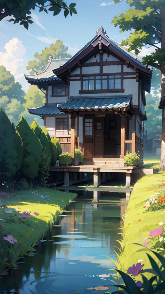 A peaceful countryside,The small bridge spans over the gurgling water,Ancient trees towering,Greenery。The stream is clear,Reflecting the blue sky and white clouds,Fish swim in the water。Bridgeside,There are lush flowers and trees in front of several houses.,Children chasing and playing by the stream,The sound of the gurgling stream interweaves into a natural melody.。Farmers working in the fields,A satisfied smile on his face,evening,The afterglow of the setting sun shines on the small bridges, flowing water and houses,Everything is stained with gold。Lights in every house gradually brighten,The warm light penetrates the night,Bringing warmth and peace to home。