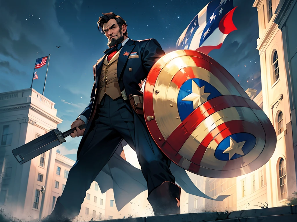 President Abraham Lincoln dressed as Captain America, in a heroic and imposing pose in front of the White House. He is holding a stylized shield with stars and stripes, similar to that of the United States flag. In the background, the US flag is flying majestically. The lighting highlights its determined and historic expression, while the setting reinforces the patriotism and strength of the American icon.