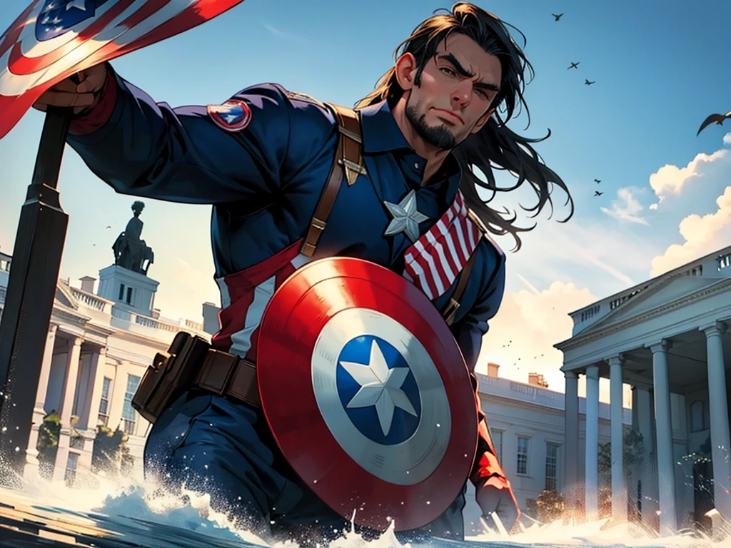 President Abraham Lincoln dressed as Captain America, in a heroic and imposing pose in front of the White House. He is holding a stylized shield with stars and stripes, similar to that of the United States flag. In the background, the US flag is flying majestically. The lighting highlights its determined and historic expression, while the setting reinforces the patriotism and strength of the American icon.