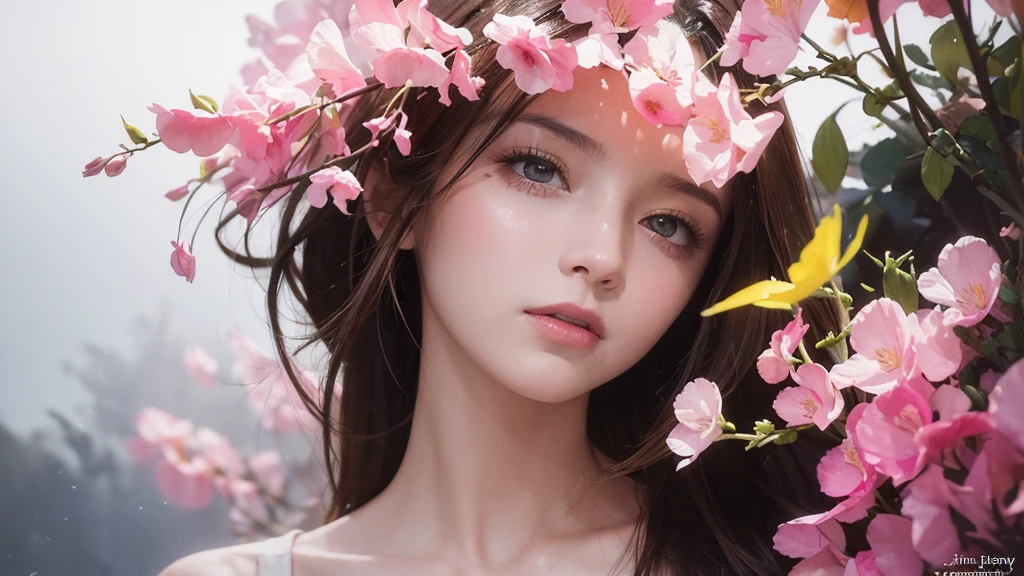 32k, Masterpiece, Highest quality, One girl, Brown Hair, Detailed eyes, flower,sweet pea, Pink and yellow style,A dreamy, romantic piece,Pale pink, Mysterious Leaves,A playful arrangement,Fantasy,High Contrast,Ink strokes,explosion,Exposure, Impression of pink and yellow tones,Abstract,((Watercolours by John Berkey and Jeremy Mann )) Brush strokes,Negative Space, Tyndall effect, White background