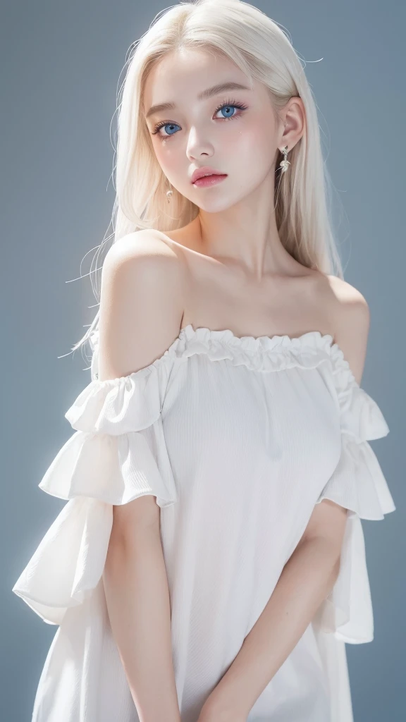 (((blouse、Off the shoulder、one piece、White background)))、forehead、Northern Europe、Russia、beautiful girl、Platinum Blonde Hair、Straight long hair、Hitting the face and front of the eyes、Big blue eyes、Sheer white and wet nightgown、Northern Europeの若者、Perfect body、White tendons、Glowing Skin、Young and beautiful skin、A perfect and beautiful little face、Bright makeup、Pale pink lips、Bright expression、-yeld gilipstick、Deceptive advertising、Viewer's vision、Golden Hour Lighting、Bokeh Atmosphere Perspective、detailed、Movie Light、複雑なdetailed、High resolution、 フェイスデザインのdetailedな特徴、Attention to detail、Clear focus、Smoothness、aesthetics、Printed、Octane、{{masterpiece}}