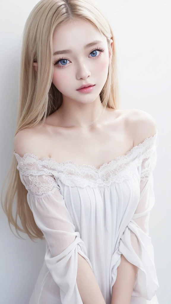 (((blouse、Off the shoulder、one piece、White background)))、forehead、Northern Europe、Russia、beautiful girl、Platinum Blonde Hair、Straight long hair、Hitting the face and front of the eyes、Big blue eyes、Sheer white and wet nightgown、Northern Europeの若者、Perfect body、White tendons、Glowing Skin、Young and beautiful skin、A perfect and beautiful little face、Bright makeup、Pale pink lips、Bright expression、-yeld gilipstick、Deceptive advertising、Viewer's vision、Golden Hour Lighting、Bokeh Atmosphere Perspective、detailed、Movie Light、複雑なdetailed、High resolution、 フェイスデザインのdetailedな特徴、Attention to detail、Clear focus、Smoothness、aesthetics、Printed、Octane、{{masterpiece}}