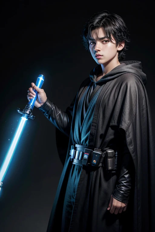Star Wars style, A 15 year old boy, Bblack hair, blue lightsaber, brown cloak