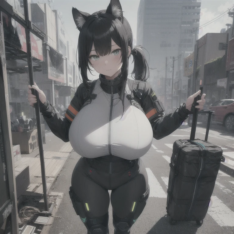 Absurd resolution, high resolution, (masterpiece: 1.4), hyper-detail, full body shot, full frontal camera perspective, solo, 1 kemono feline cat woman, humanoid, no skin other than neck and head shown, black hair, messy ponytail, cute face, detailed soft grey luminous eyes, huge massive hyper super swollen heavy breasts, breasts so big that cover her whole torso and are bigger than her head while being so big they reach her belly button, extremely super large swollen perky heavy bust, super huge enormously gigantic tits, gigantic stretching/straining out of her outfit, breasts compressed squishing barely contained in outfit, inflated breasts, breasts_expansion, super gigantic swollen heavy tits, wide full hips, narrower torso and shoulders, smaller torso, narrower waist, full thicc big soft thighs, thicc thighs, big rounded full soft butt, thicc butt, ruggedized utility styled outfit, fully insulated suit, full body outfit coverage with no skin showing or revealed, airtight/watertight zippers and seals, scifi monochrome black and grey fullbody covering protective padding rugged loose-fitted pilot utility suit with strategically placed protective padding, white zipped utility cropped top for breasts support with a black strap horizontal across cleavage worn on top of suit, tactical strategic angular-patterned protective padding on hips and thighs and abdomen, practical/functional clothing, weather-proof durable clothing material, nylon clothing material, custom made clothing to fit and support large breasts, scifi padded rugged rigid high collar techwear jacket, armored high collar, white and black triangular decals and techwear iconography on apparel and clothing, techwear gloves, arm mounted strapped display scifi tablet/communication device/computer, ruggedized tech, ruggedized tech aesthetic, fitted utility pants, utility chaps, near future scifi, cyberpunk aesthetic, anime aesthetic, tactical aesthetic