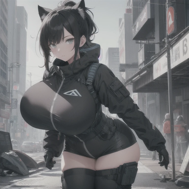 Absurd resolution, high resolution, (masterpiece: 1.4), hyper-detail, full body shot, full frontal camera perspective, solo, 1 kemono feline cat woman, humanoid, no skin other than neck and head shown, black hair, messy ponytail, cute face, detailed soft grey luminous eyes, huge massive hyper super swollen heavy breasts, breasts so big that cover her whole torso and are bigger than her head while being so big they reach her belly button, extremely super large swollen perky heavy bust, super huge enormously gigantic tits, gigantic stretching/straining out of her outfit, breasts compressed squishing barely contained in outfit, inflated breasts, breasts_expansion, super gigantic swollen heavy tits, wide full hips, narrower torso and shoulders, smaller torso, narrower waist, full thicc big soft thighs, thicc thighs, big rounded full soft butt, thicc butt, ruggedized utility styled outfit, fully insulated suit, full body outfit coverage with no skin showing or revealed, airtight/watertight zippers and seals, scifi monochrome black and grey fullbody covering protective padding rugged loose-fitted pilot utility suit with strategically placed protective padding, white zipped utility cropped top for breasts support with a black strap horizontal across cleavage worn on top of suit, tactical strategic angular-patterned protective padding on hips and thighs and abdomen, practical/functional clothing, weather-proof durable clothing material, nylon clothing material, custom made clothing to fit and support large breasts, scifi padded rugged rigid high collar techwear jacket, armored high collar, white and black triangular decals and techwear iconography on apparel and clothing, techwear gloves, arm mounted strapped display scifi tablet/communication device/computer, ruggedized tech, ruggedized tech aesthetic, fitted utility pants, utility chaps, near future scifi, cyberpunk aesthetic, anime aesthetic, tactical aesthetic