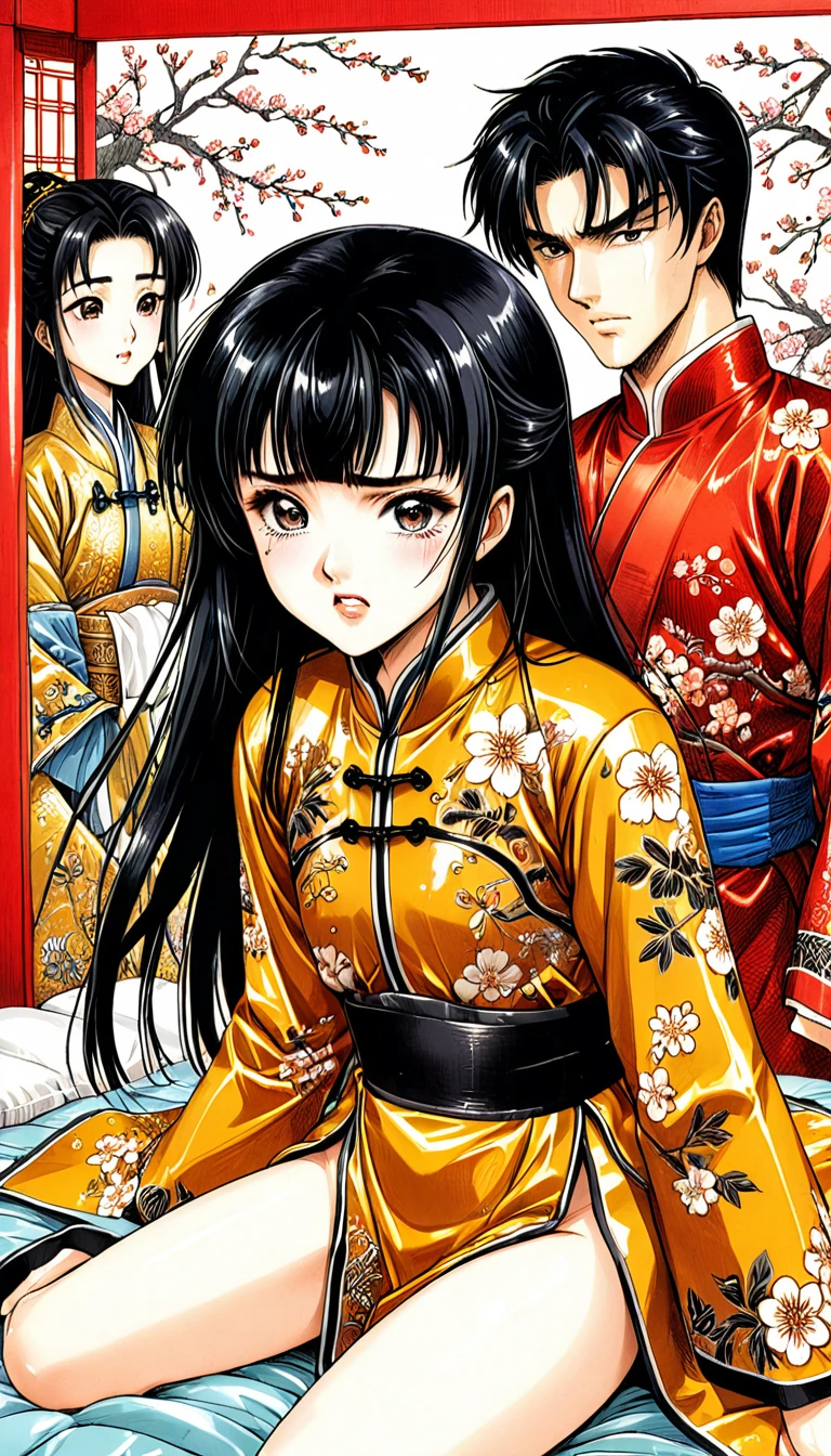 8k Tragic historical drama in live-action style: Beautiful palace secrets　Beautiful Chinese  kung fu girl with long black hair gets humiliated and fucked　Gorgeous embroidery, Ultra glossy, She is wearing a shiny gold long sleeve floral kung fu suit....　　She cries loudly and is made to lie on a floral futon and has a penis inserted into her　She spreads her legs wide