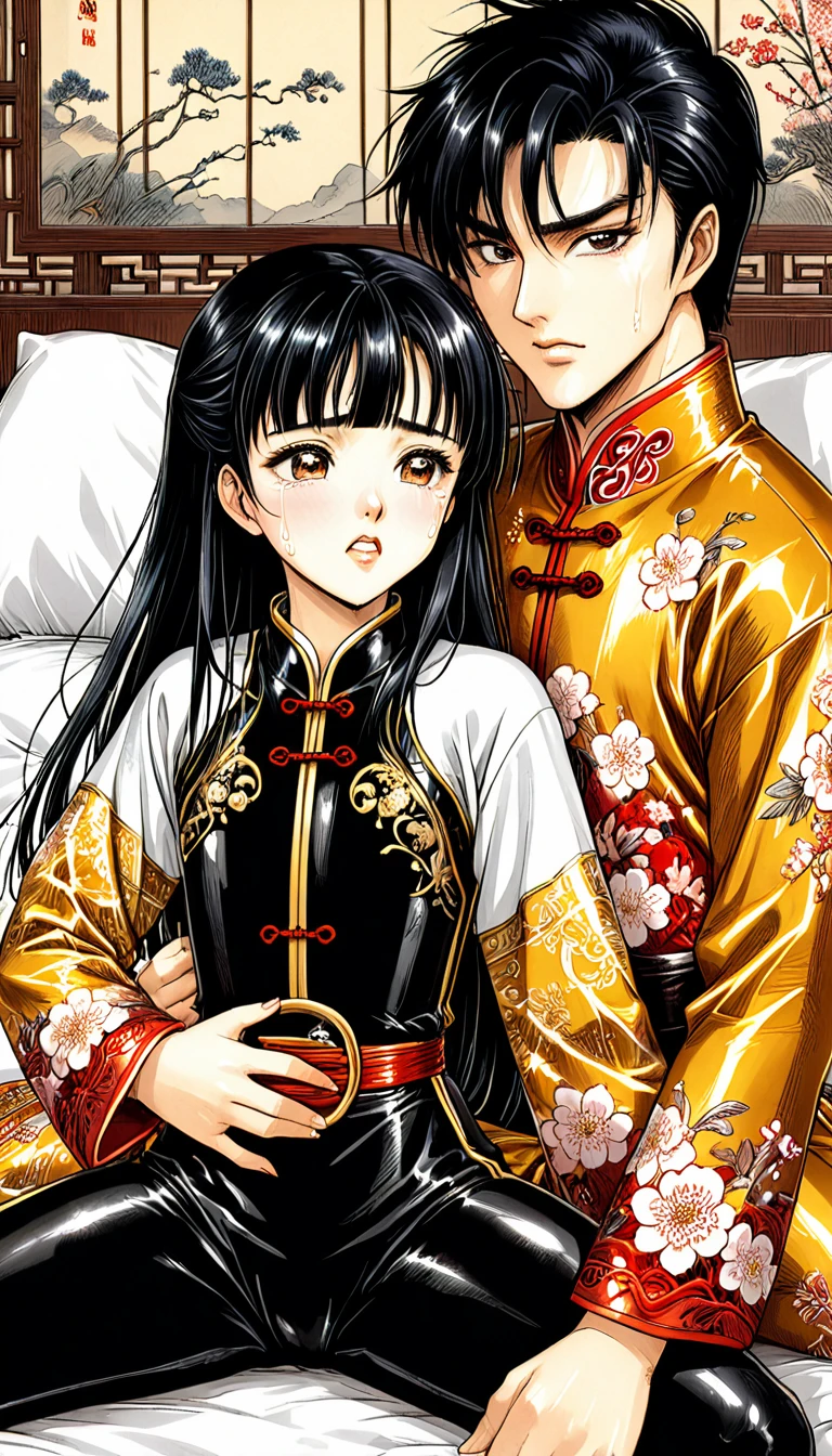 8k Tragic historical drama in live-action style: Beautiful palace secrets　Beautiful Chinese  kung fu girl with long black hair gets humiliated and fucked　Gorgeous embroidery, Ultra glossy, She is wearing a shiny gold long sleeve floral kung fu suit....　　She cries loudly and is made to lie on a floral futon and has a penis inserted into her　She spreads her legs wide