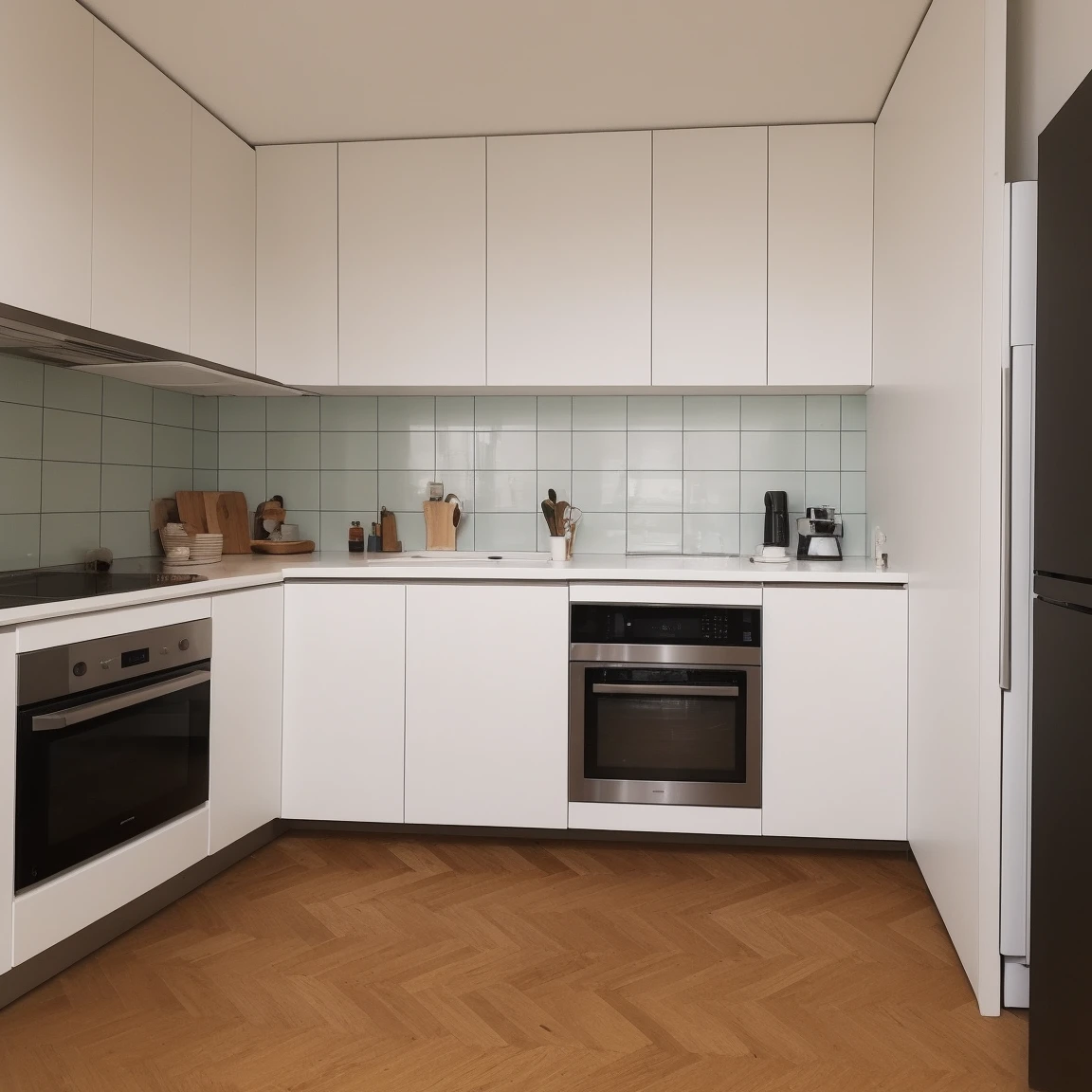 Located in a compact living space、Digital image of a small modern kitchenette。In that scene、A sleek kitchen counter with a built-in black stove and、Use dark counters。Under the stove、There are white cabinets with simple handles.。On the right side of the frame is a small white refrigerator.、Place a microwave on top of it。 The floor is made of wooden parquet.。The overall atmosphere is、Clean, tidy and modern、Focus on efficient use of space。