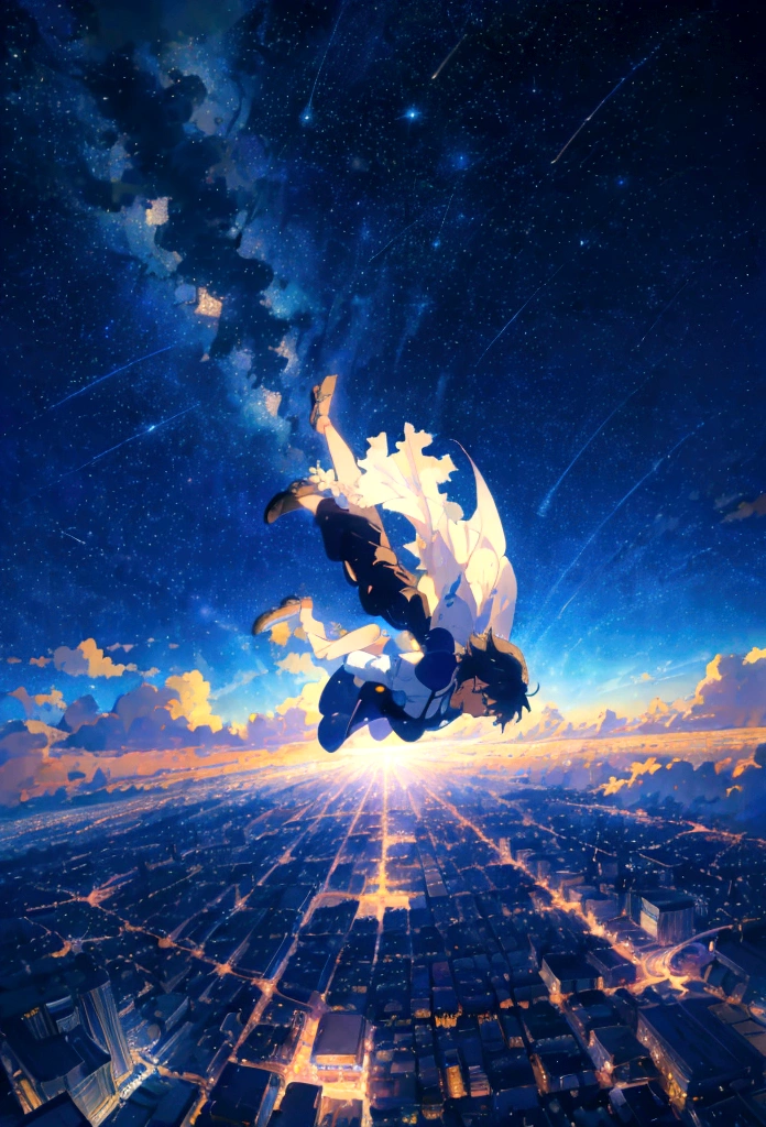 Beautiful boy flying through the starry night sky by Makoto Shinkai,anime art wallpaper 4k, anime art wallpaper 4k, Anime Art Wallpapers 8K, anime wallpaper 4k, anime wallpaper 4k, 4k anime wallpaper,The night view below