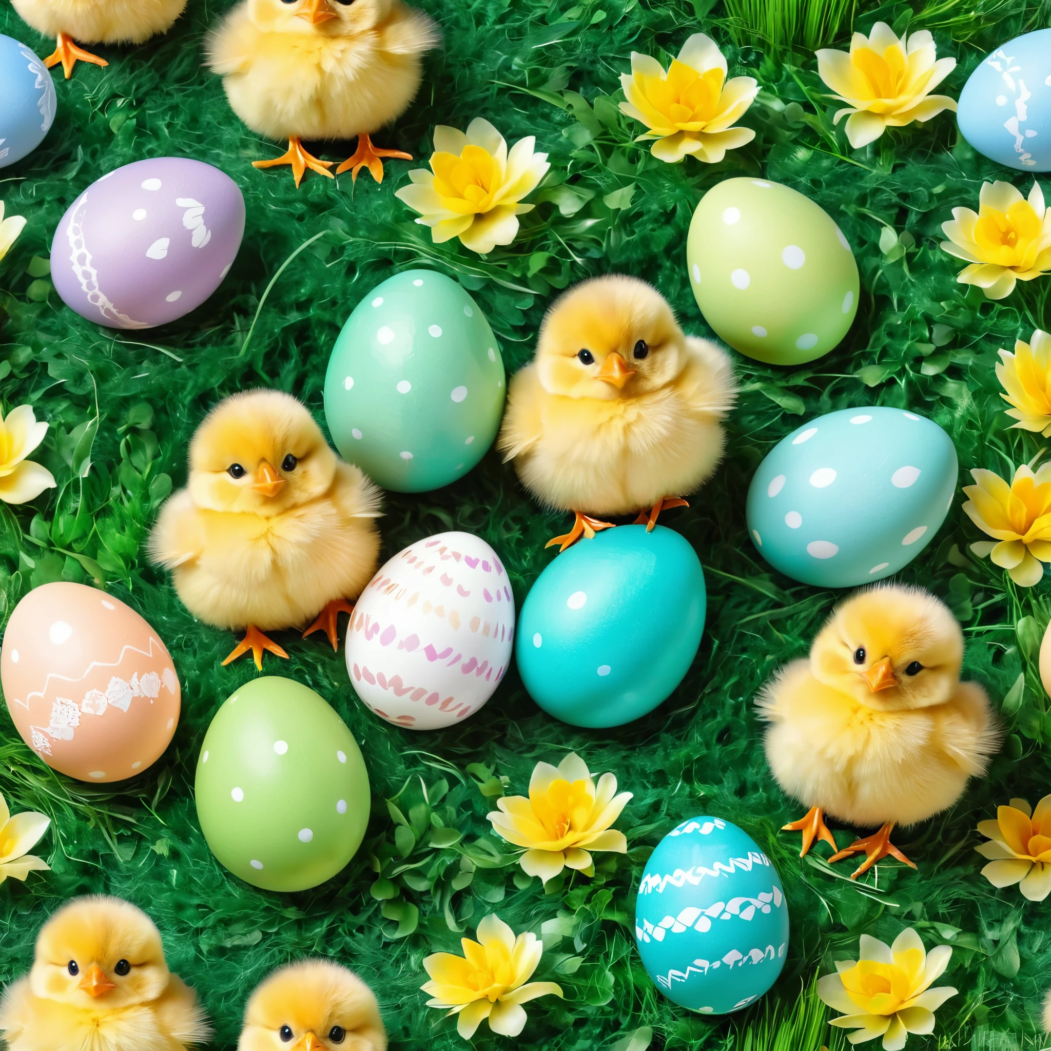 Illustrate fluffy Easter chicks hatching from their eggs, surrounded by pastel-colored feathers and fresh green grass.