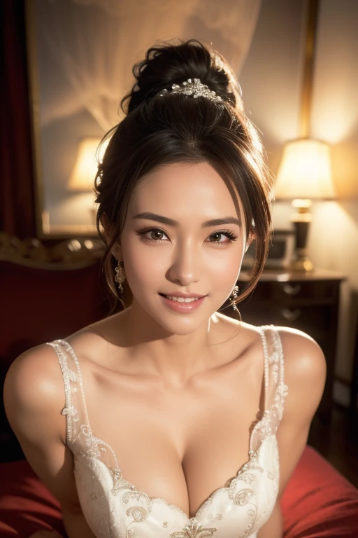 a gorgeous busty woman, ponytail, royal bride, beautiful detailed smile, beautiful detailed teeth, POV, lover, cinematic dramatic lighting, (best quality,4k,8k,highres,masterpiece:1.2),ultra-detailed,(realistic,photorealistic,photo-realistic:1.37),HDR,UHD,studio lighting,ultra-fine painting,sharp focus,physically-based rendering,extreme detail description,professional,vivid colors,bokeh,portrait,photorealistic,cinematic