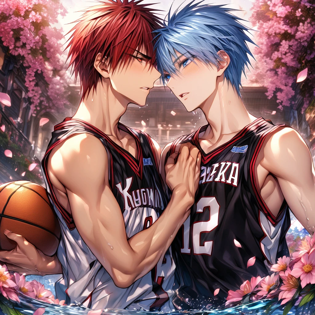 absurdres, highres, ultra detailed, HDR, masterpiece, extremely detailed face and eyes, Kagami Taiga, red short hair, expressive red eyes, Kuroko No Basket, Kuroko Tetsuya, light-blue hair, expressive blue eyes, two sexy men together, gay couple, yaoi, handsome, basketball uniform, fantasy, magical, pink flowers, water, pink petals